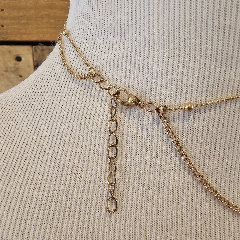 Double Strand Goldtone Necklace with Pale Pink Faceted Stone - Picture 5 of 5